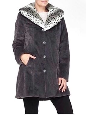 Dennis Basso NEW Vegan/Faux Fur Swing Removable Snow Leopard Collar & Hood